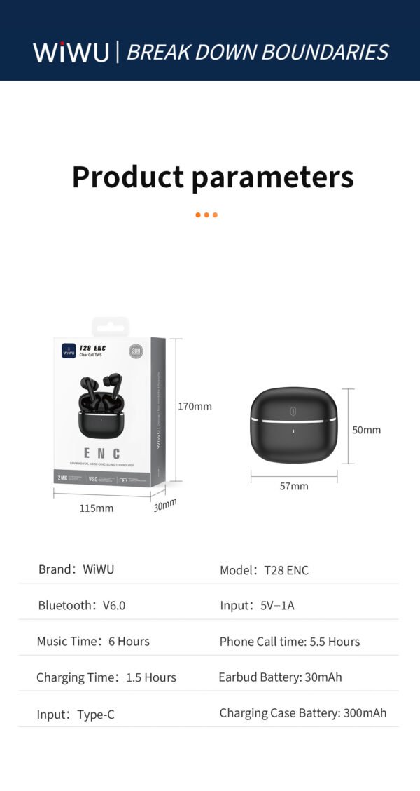 WiWU T28 ENC Dual Mic Noise Cancelling TWS